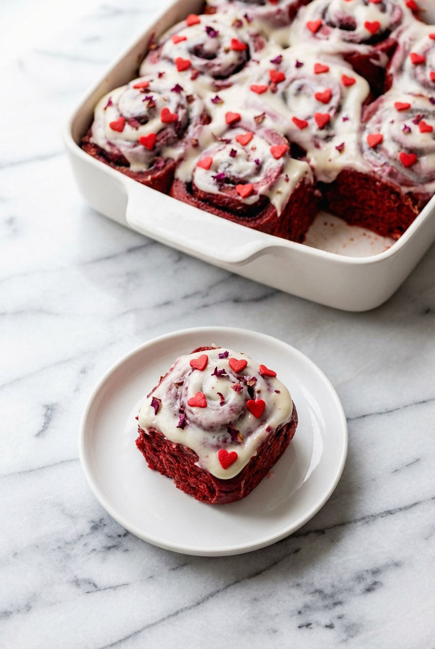 Macro view of Red Velvet Valentine's Day Cinnamon Rolls showing the gooey brown sugar filling and creamy rose water frosting texture.