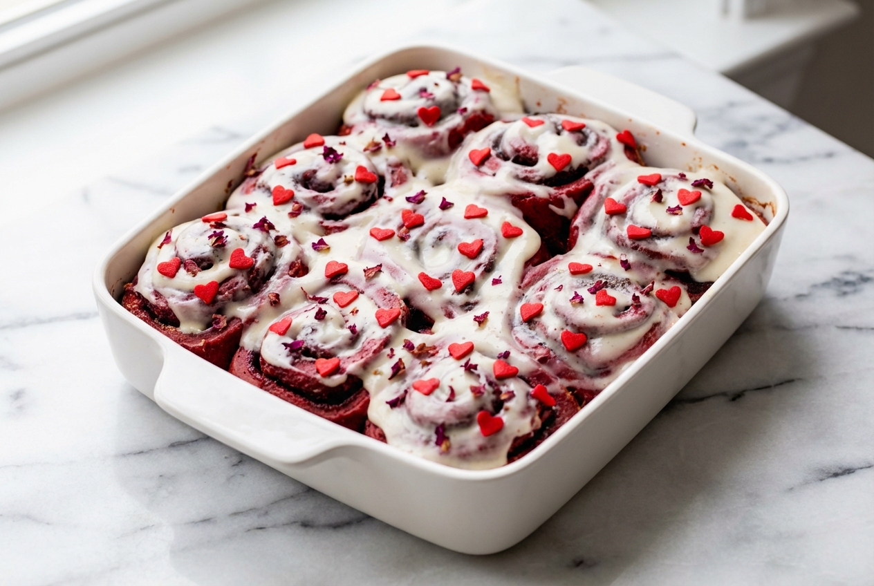 Heart-shaped Red Velvet Valentine's Day Cinnamon Rolls with rose water cream cheese frosting on a white marble surface.
