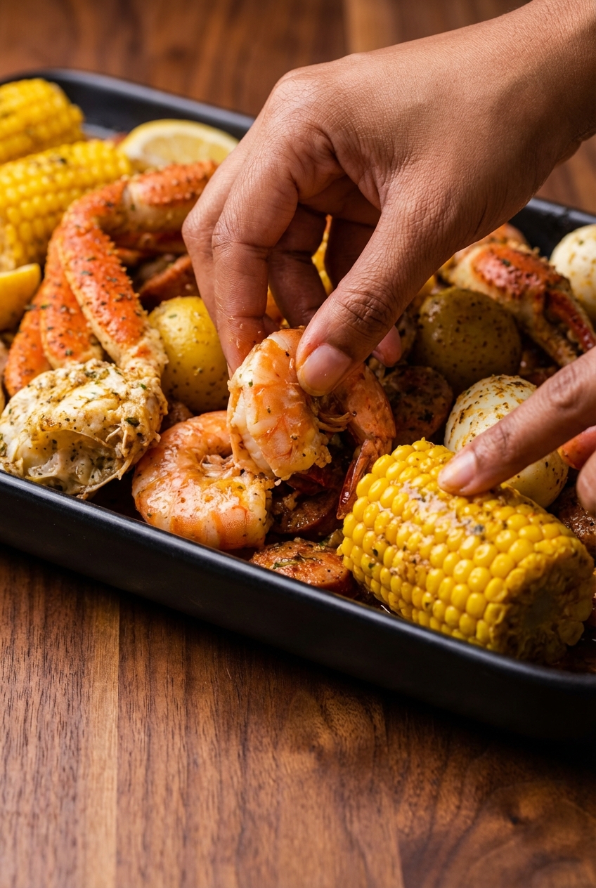 Close-up of an easy seafood boil recipe highlighting the Maillard reaction on charred corn and savory andouille sausage.