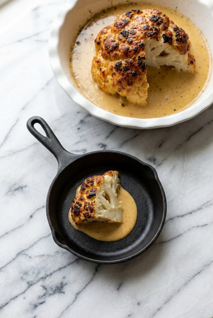 Whole Roasted Cauliflower topped with creamy tahini sauce and harissa on a white marble surface with soft shadows.