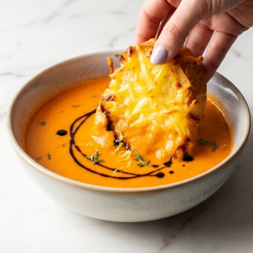 Creamy Roasted Red Pepper Soup in a minimalist ceramic bowl on white marble, finished with a balsamic glaze drizzle and lemon zest.