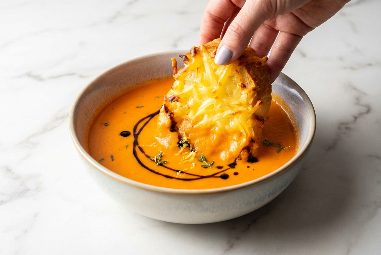 Creamy Roasted Red Pepper Soup in a minimalist ceramic bowl on white marble, finished with a balsamic glaze drizzle and lemon zest.
