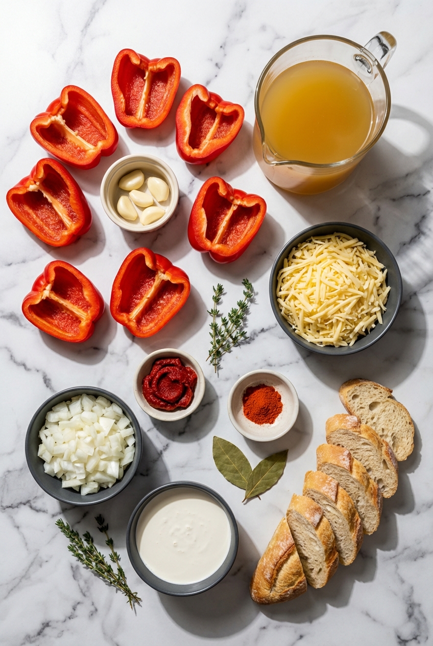 Flat lay of roasted red peppers, tomato paste, mirepoix aromatics, and smoked paprika on a contemporary white marble countertop.
