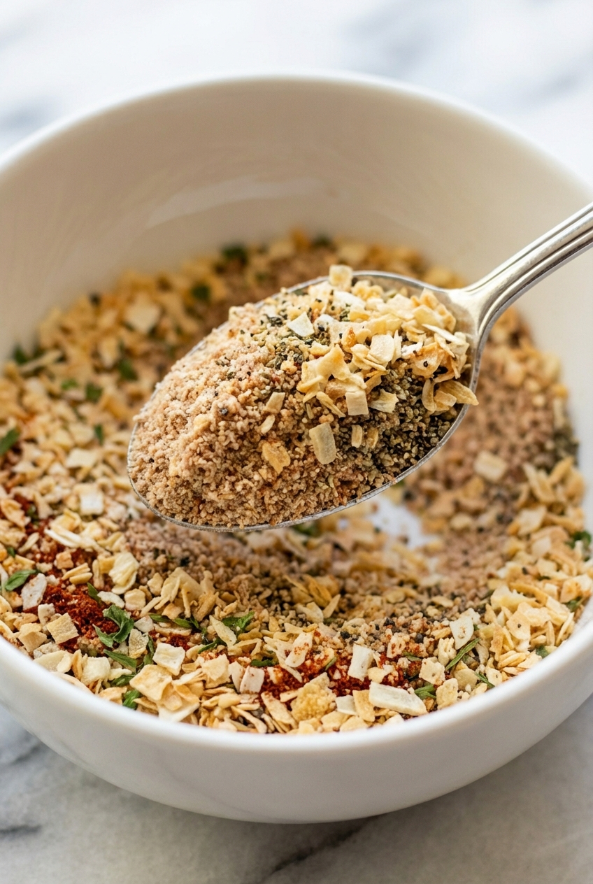 Golden toasted onion flakes being mixed into a ceramic vessel for an onion soup mix recipe on a marble surface.