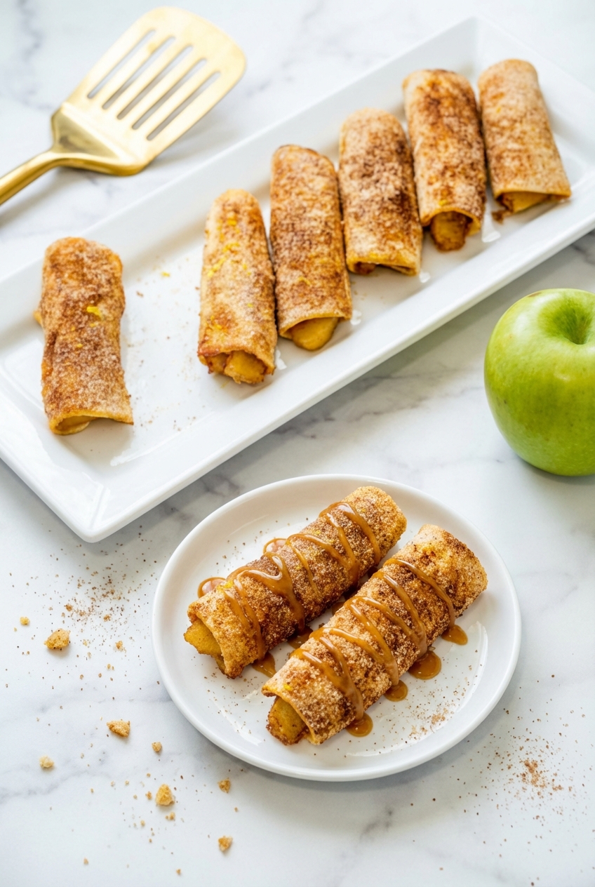 Air Fryer Apple Pie Taquitos arranged in a minimalist ceramic vessel on a white marble surface with soft natural light.