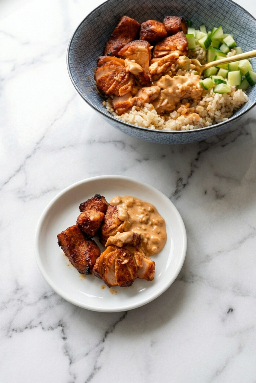 Air Fryer Salmon Bites served with sriracha aioli in a minimalist ceramic bowl on a marble surface with soft shadows.