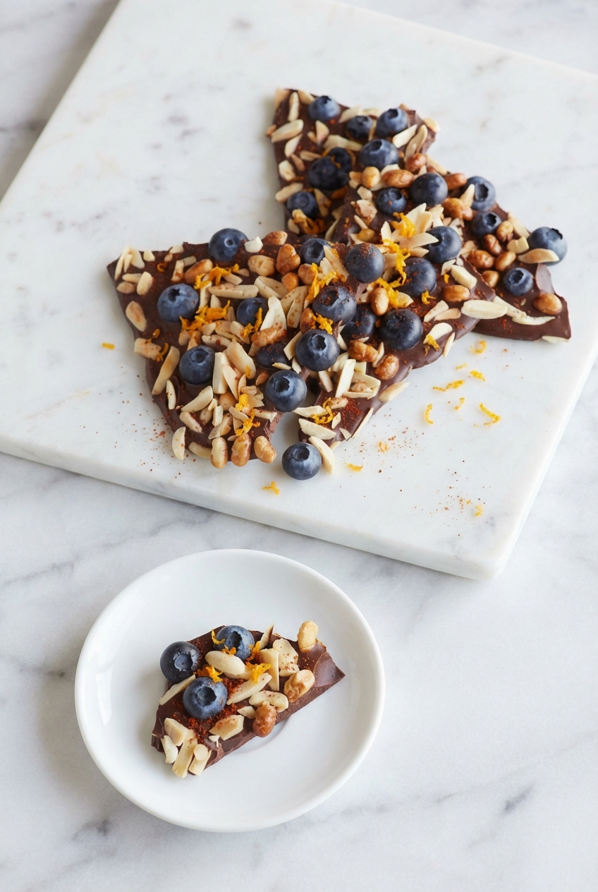 Pieces of blueberry chocolate bark served in a minimalist ceramic vessel on a contemporary white marble surface.