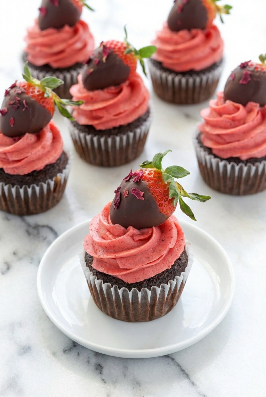 Chocolate-Covered Strawberry Cupcake resting on a wire cooling rack with soft shadows and natural window lighting reflecting off a white marble surface.