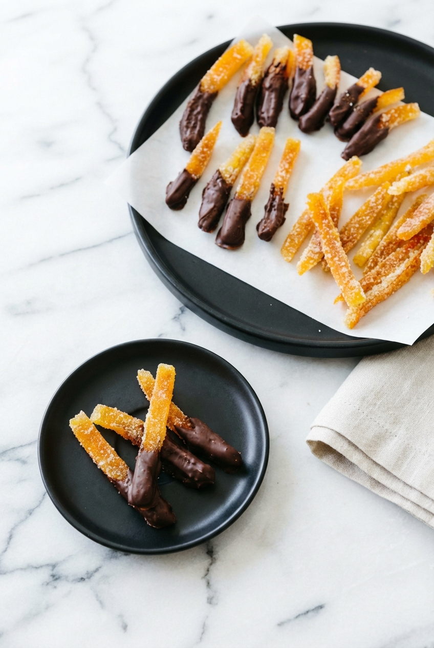 Finished Candied Orange Peel Chocolate pieces stacked in a minimalist ceramic bowl with soft shadows and natural lighting.