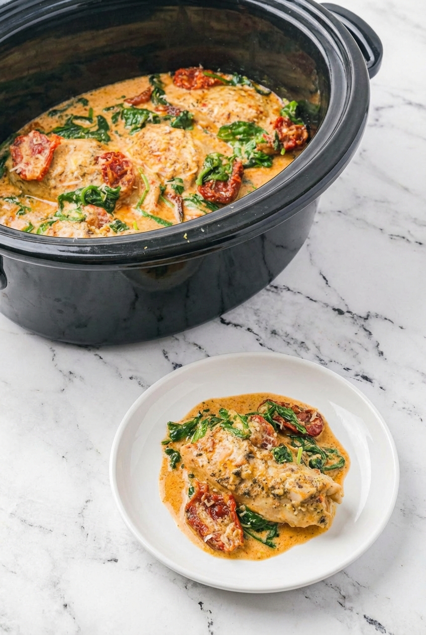 Crockpot tuscan chicken recipe served in a minimalist ceramic vessel, showcasing the tender chicken and wilted baby spinach with soft shadows.