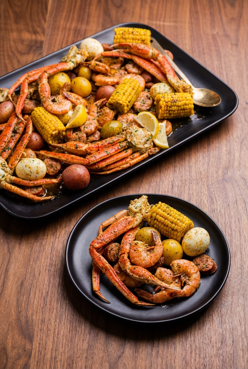 Serving of easy seafood boil recipe in a minimalist ceramic vessel on a contemporary white marble countertop.
