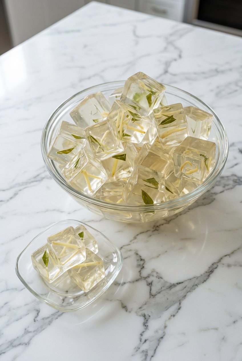 Finished gelatin trick recipe portions served in a minimalist ceramic bowl under soft natural window lighting.