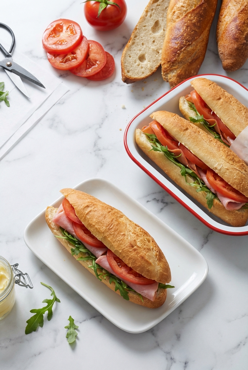 Sliced No Knead Baguette Recipe on a minimalist ceramic vessel showing airy alveoli crumb structure on a white marble surface.