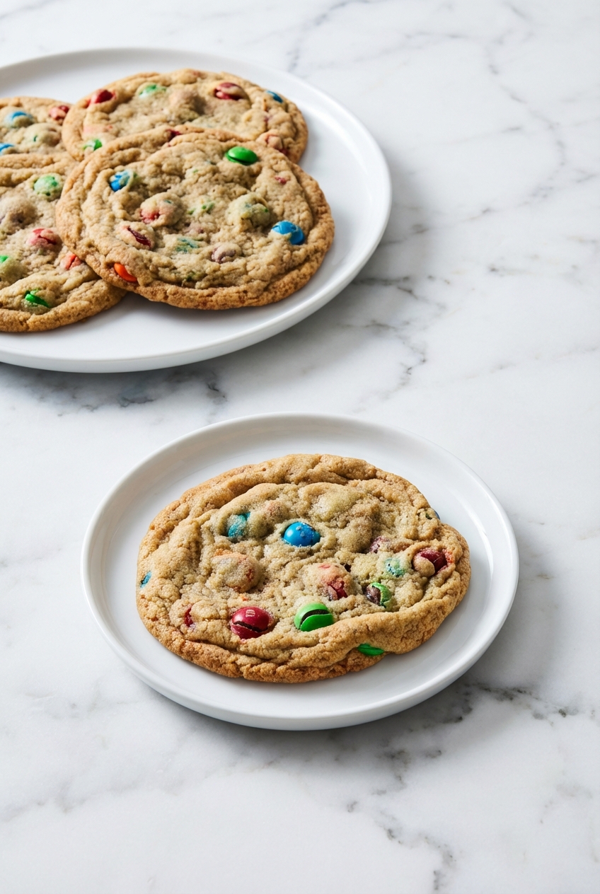 Stacked m&m cookies in a minimalist ceramic vessel under soft natural window lighting on a white marble background.