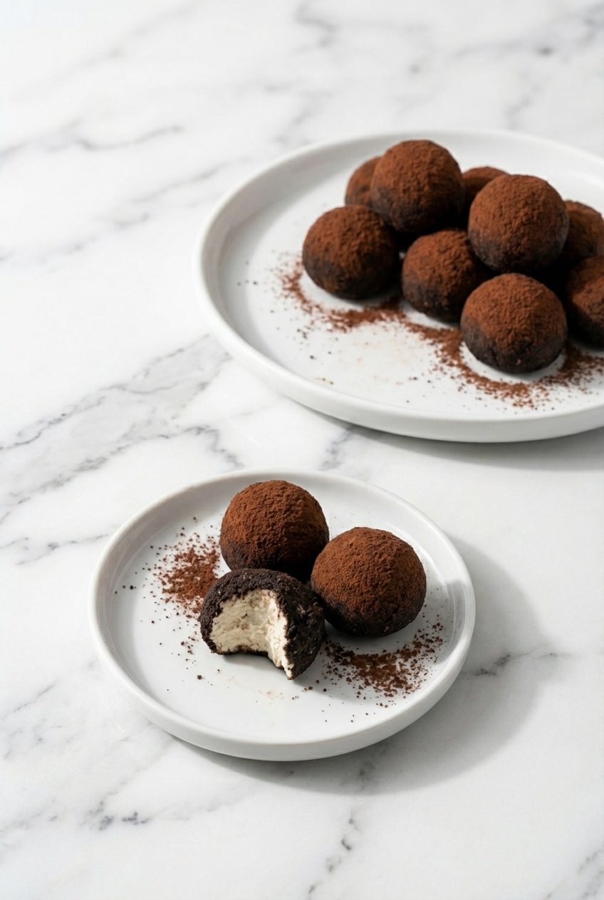 Cream Cheese Oreo Protein Balls styled in a minimalist ceramic vessel for a meal prep snack setting with soft natural shadows.