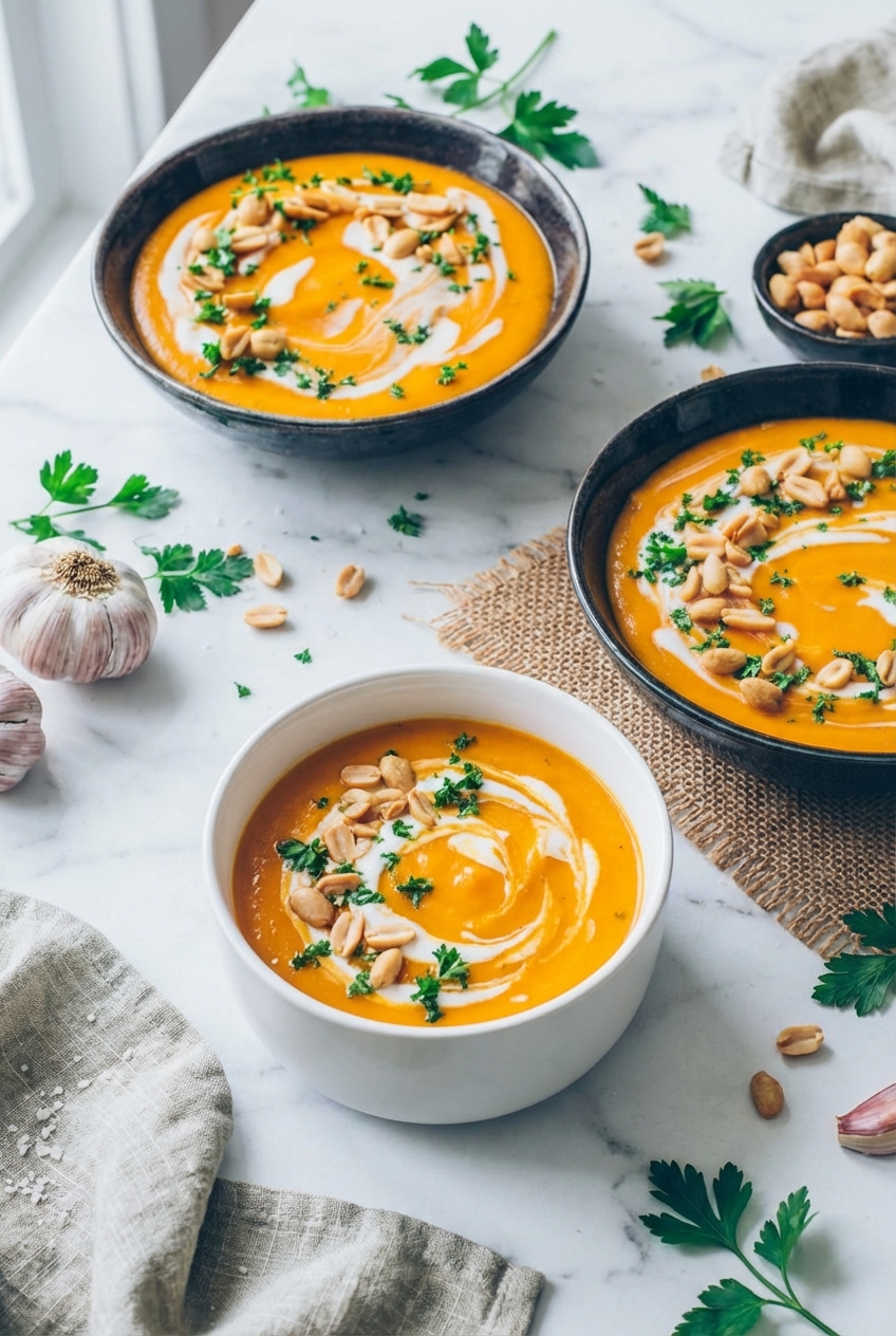 Elegant lifestyle presentation of Vegan Pumpkin Soup on a minimalist table setting with soft shadows and natural light.