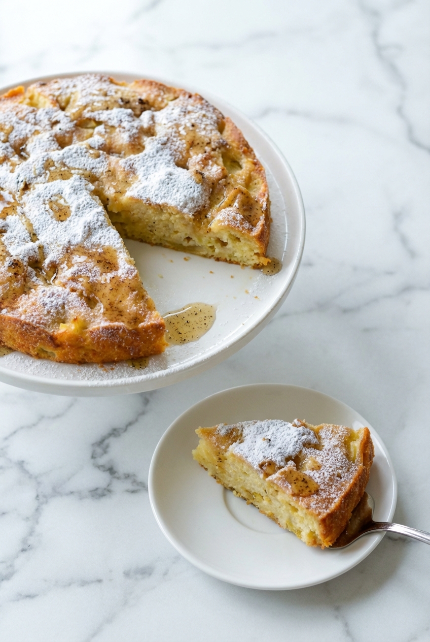 A slice of Apple Cake Recipe served on a minimalist ceramic vessel under soft natural window lighting.