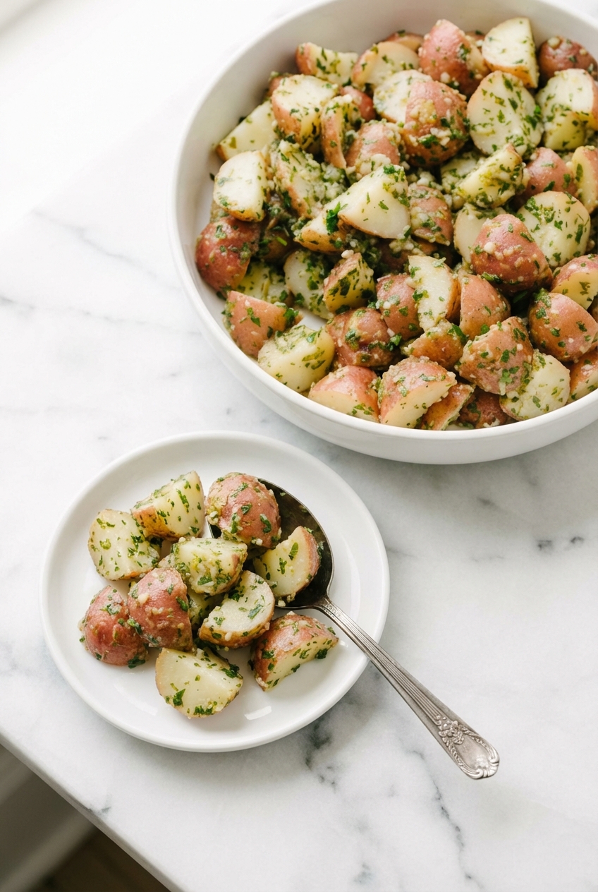 Authentic Italian Potato Salad served in a ceramic bowl under natural window lighting with soft shadows.