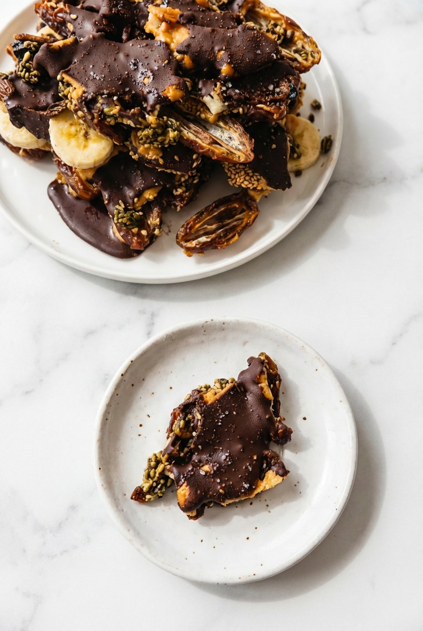 Broken pieces of Banana Date Bark served in a minimalist ceramic vessel under soft, natural window lighting.