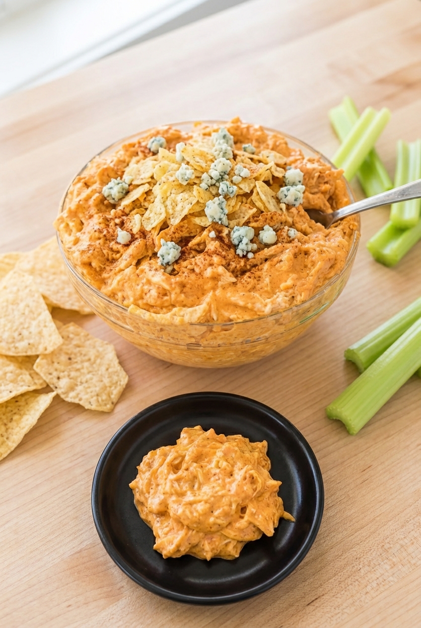 Buffalo chicken dip crock pot served in a minimalist ceramic vessel on a sunlit contemporary countertop.