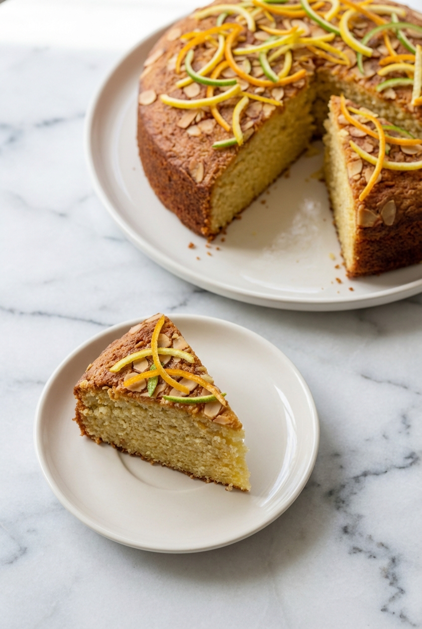 A slice of Candied Orange Almond Cake served on a contemporary white countertop in soft, natural light.