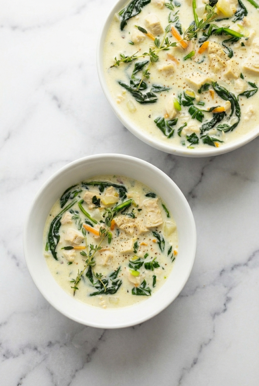 Chicken gnocchi soup served in a minimalist vessel on a white marble surface with soft shadows from window lighting.