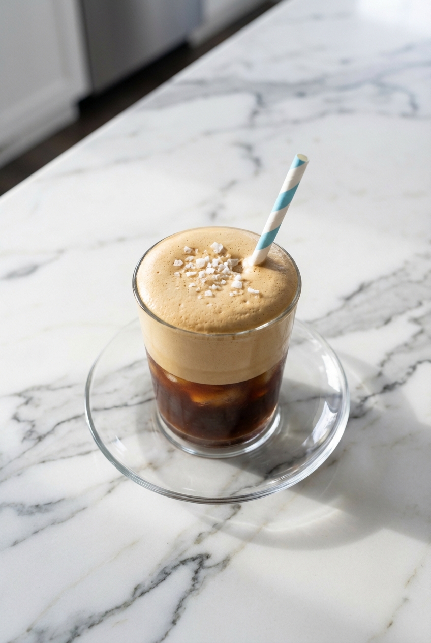 Freddo coffee in a minimalist glass vessel with ice, showcasing rich layers and a high intensity level under soft shadows.