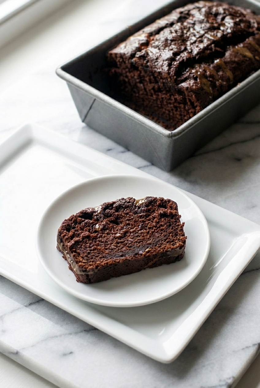 Slices of Chocolate Banana Bread served on a minimalist ceramic vessel with soft shadows from natural window lighting.