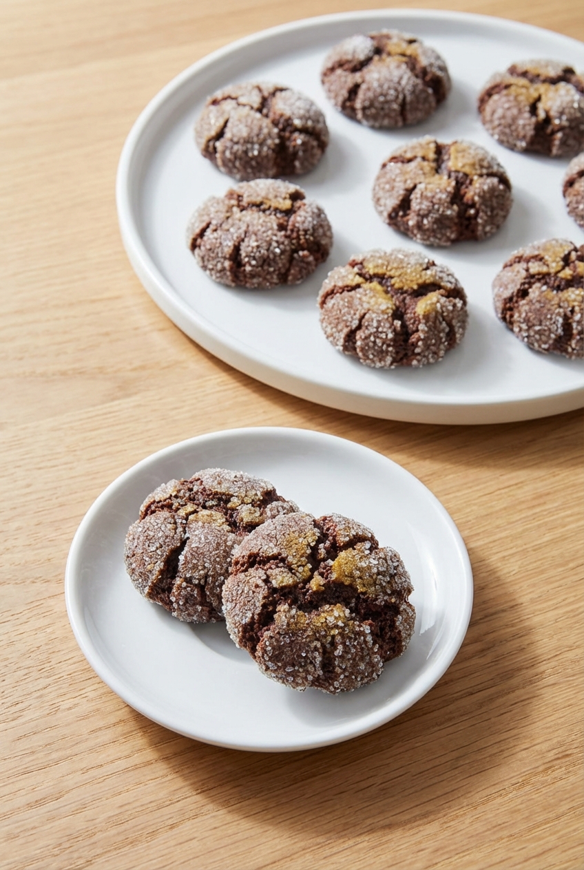 Chocolate Crinkle Cookies served in a minimalist ceramic vessel on a contemporary countertop with soft natural window shadows.