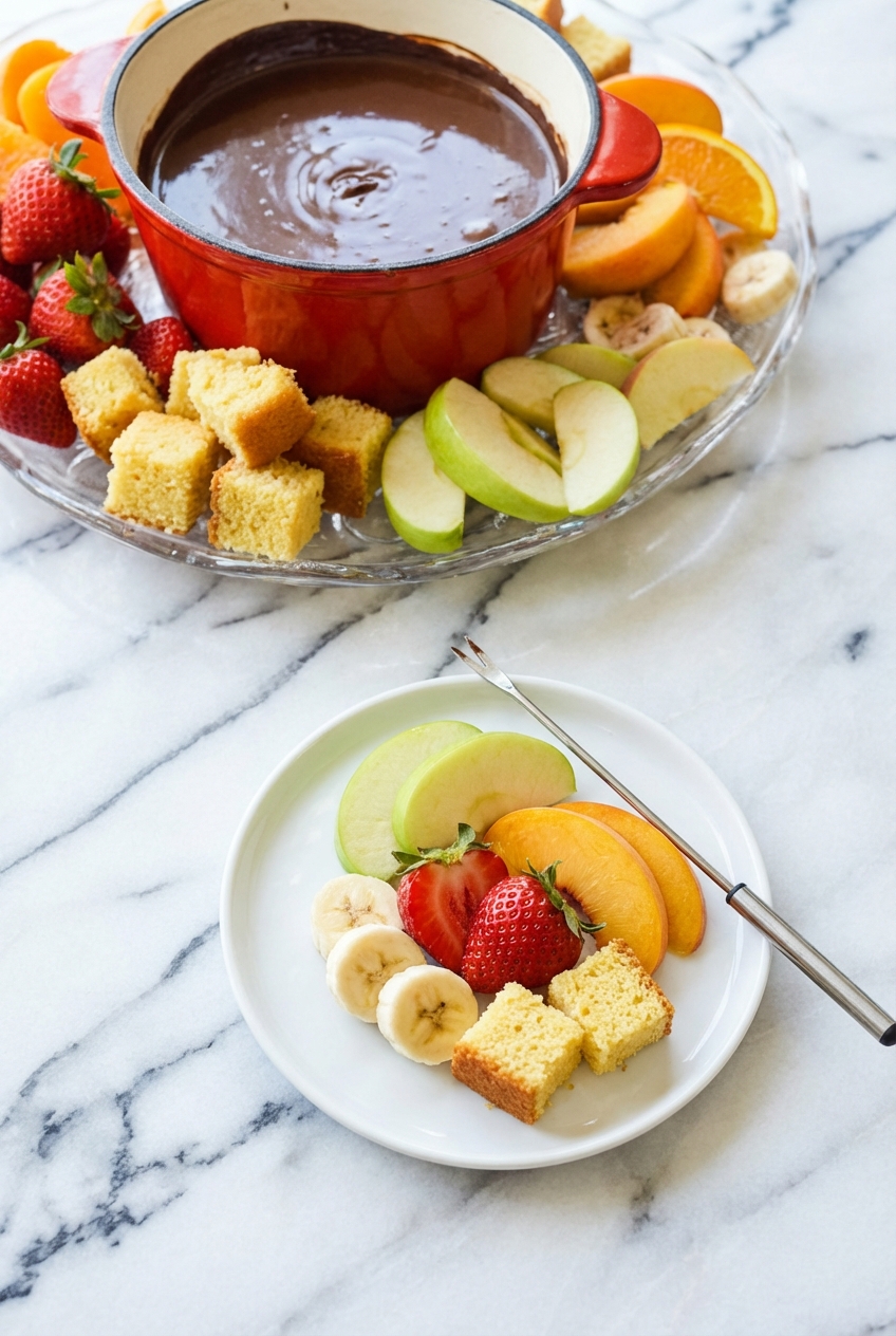 Chocolate fondue recipe served in a ceramic pot with skewers and dipping items on a contemporary countertop.