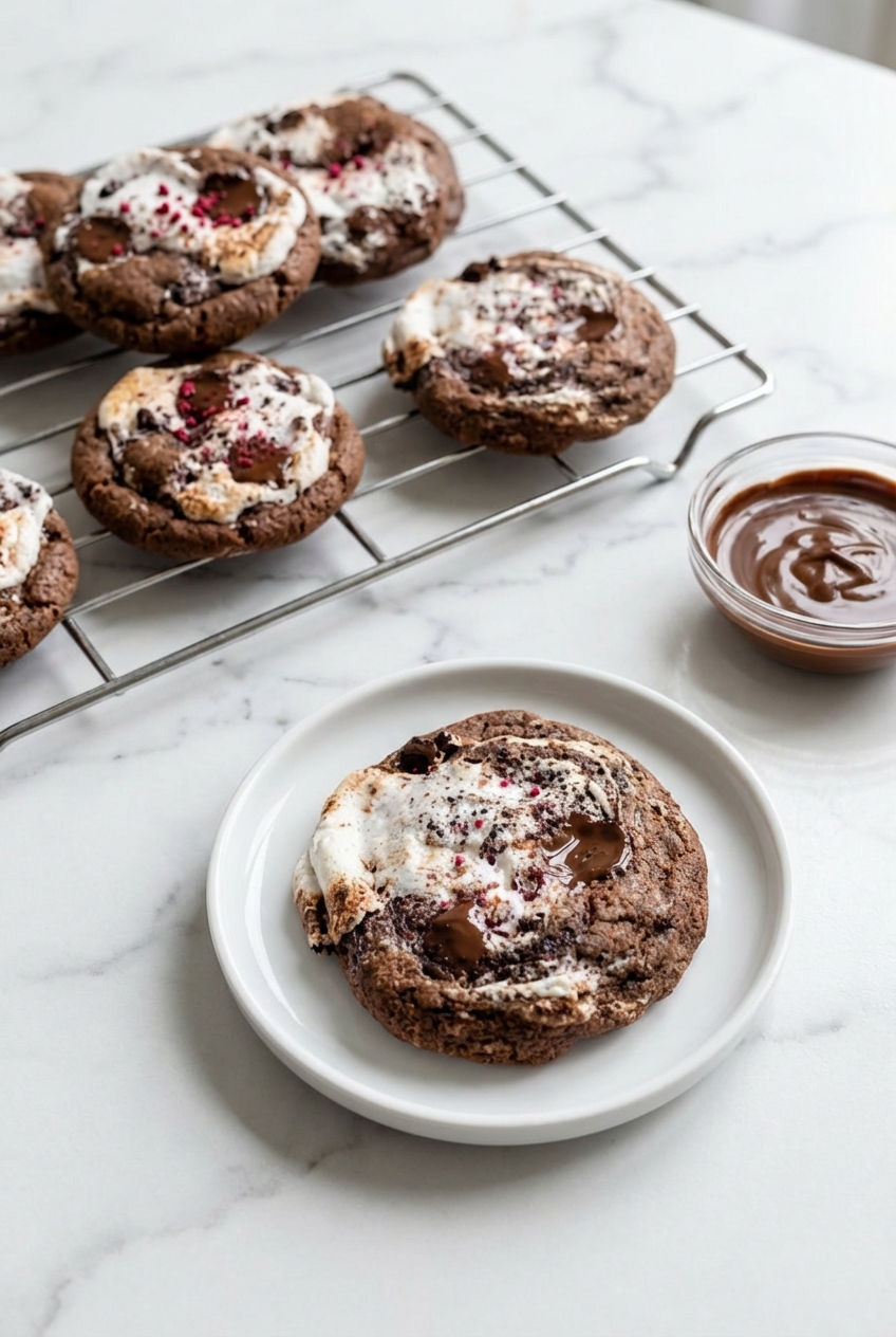 Chocolate Marshmallow Swirl Cookies arranged in a minimalist ceramic vessel on a white marble surface with soft natural shadows.