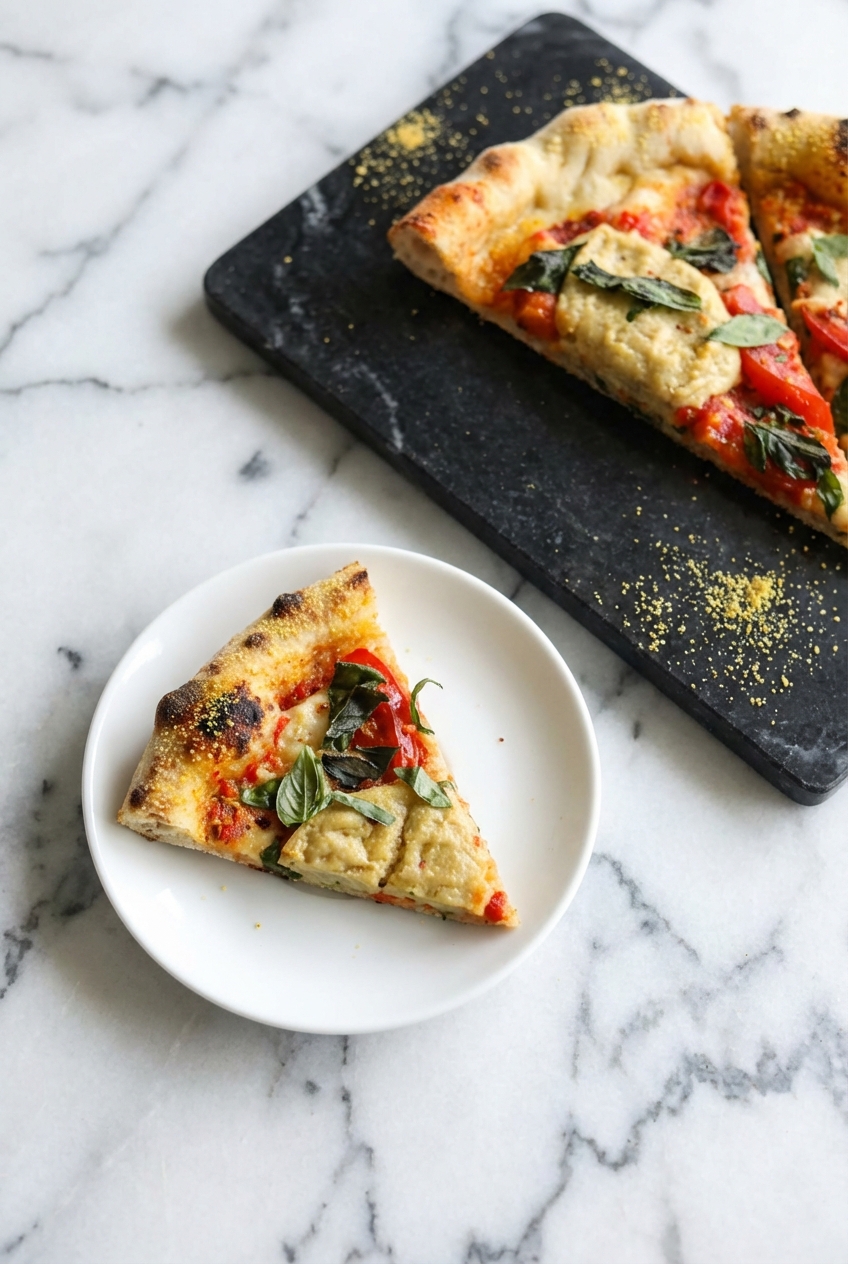 Slices of Classic Vegan Pizza served in a minimalist ceramic vessel with soft shadows on a white marble surface.