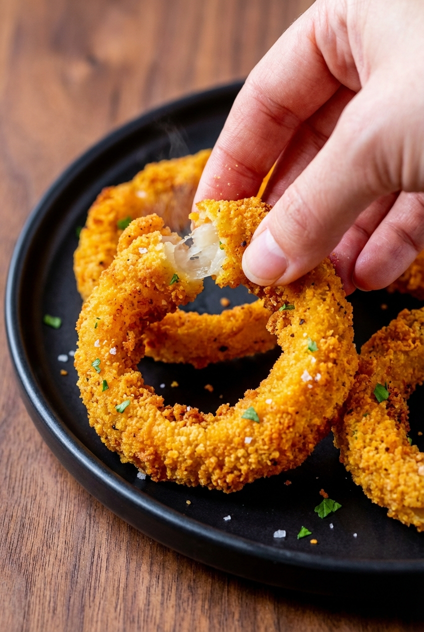 Crispy Keto Onion Rings served in a minimalist ceramic vessel on a white marble surface with soft natural window lighting.