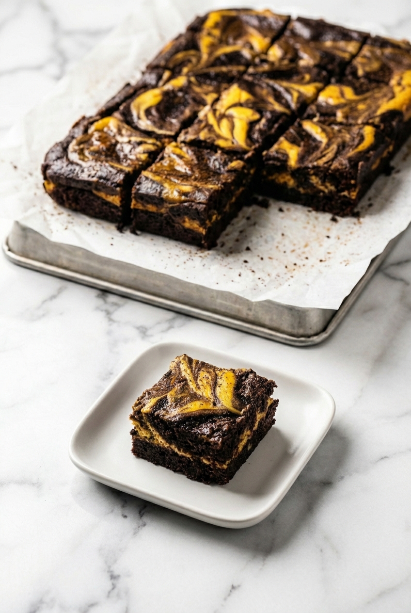 Fudgy Keto Pumpkin Brownies stacked neatly on a white marble surface, illustrating serving suggestions for a cozy afternoon.