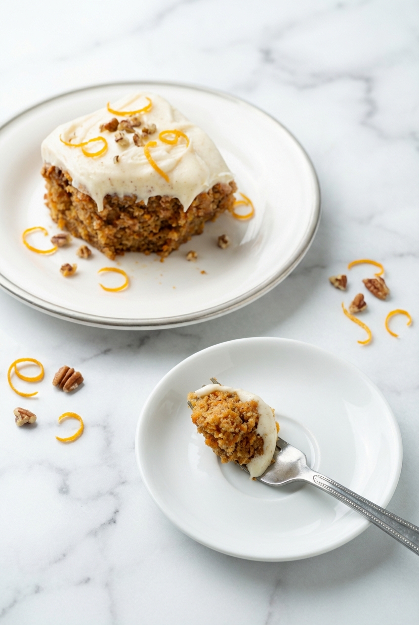 A slice of Gluten-Free Carrot Cake served on a minimalist ceramic vessel under natural window lighting with soft shadows.