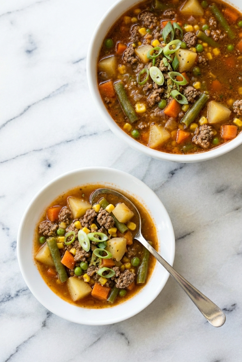 Portions of hamburger vegetable soup ready for serving in minimalist ceramic bowls under natural lighting.