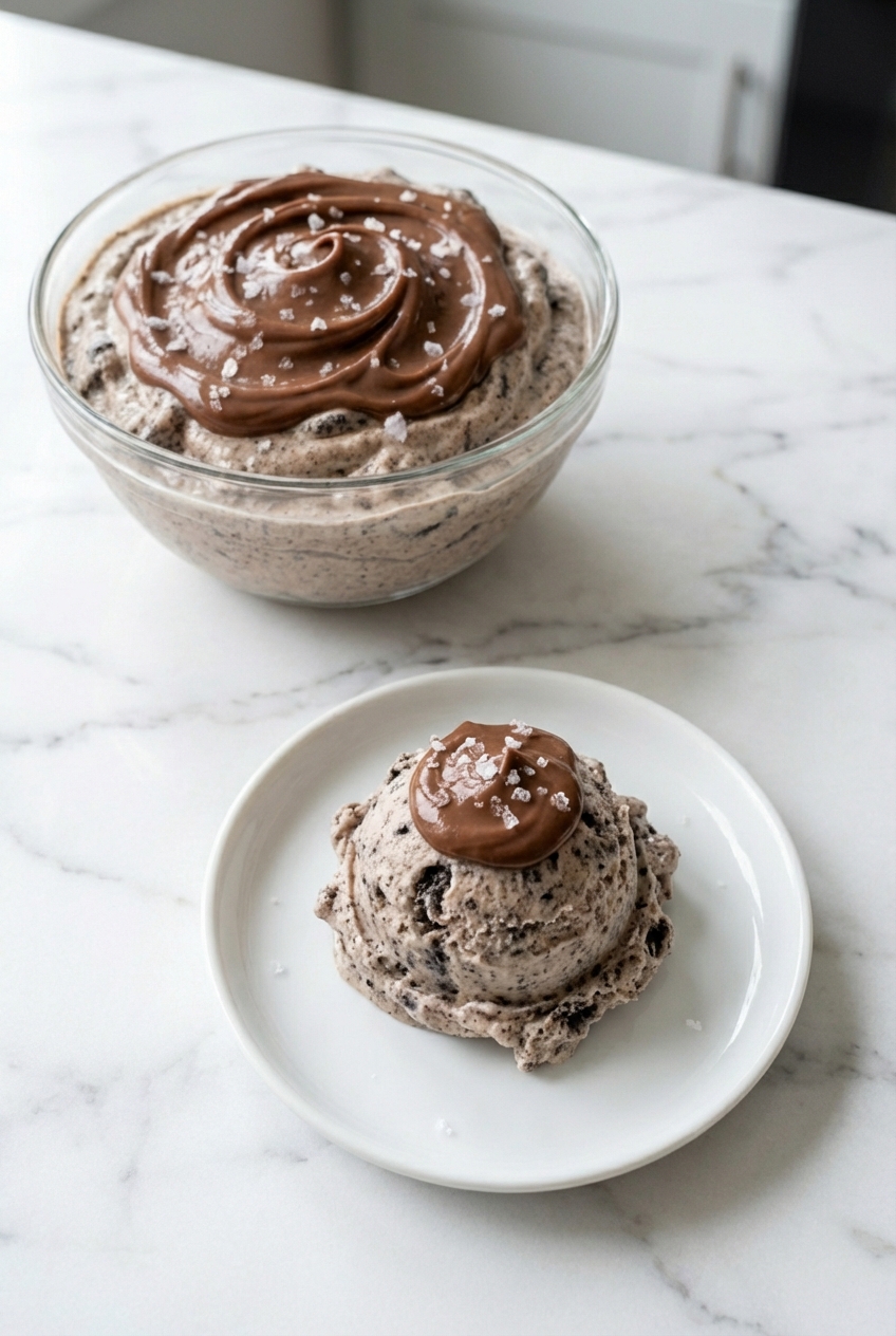 High-Protein Ice Cream ready for serving on a white marble surface with soft shadows and minimalist styling.