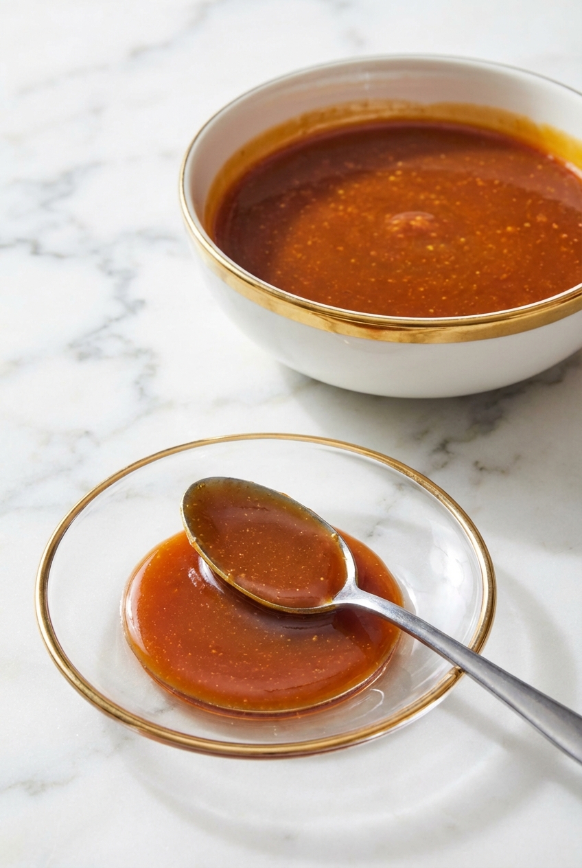 Homemade Caramel Recipe served in a minimalist ceramic vessel on a white marble countertop with natural window lighting.