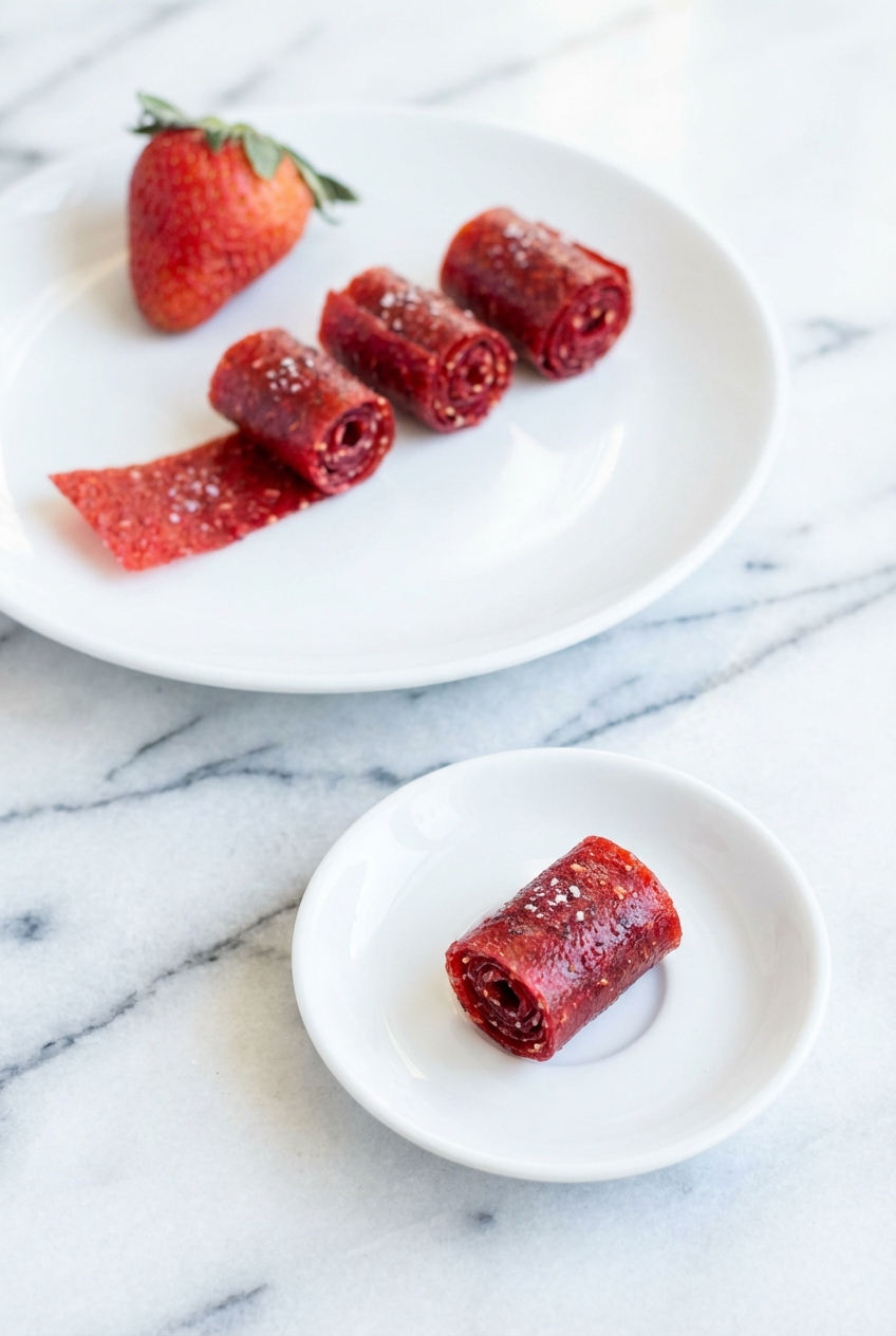 3-Ingredient Strawberry Fruit Roll-Ups sliced and rolled, presented in a minimalist ceramic vessel on a marble surface.