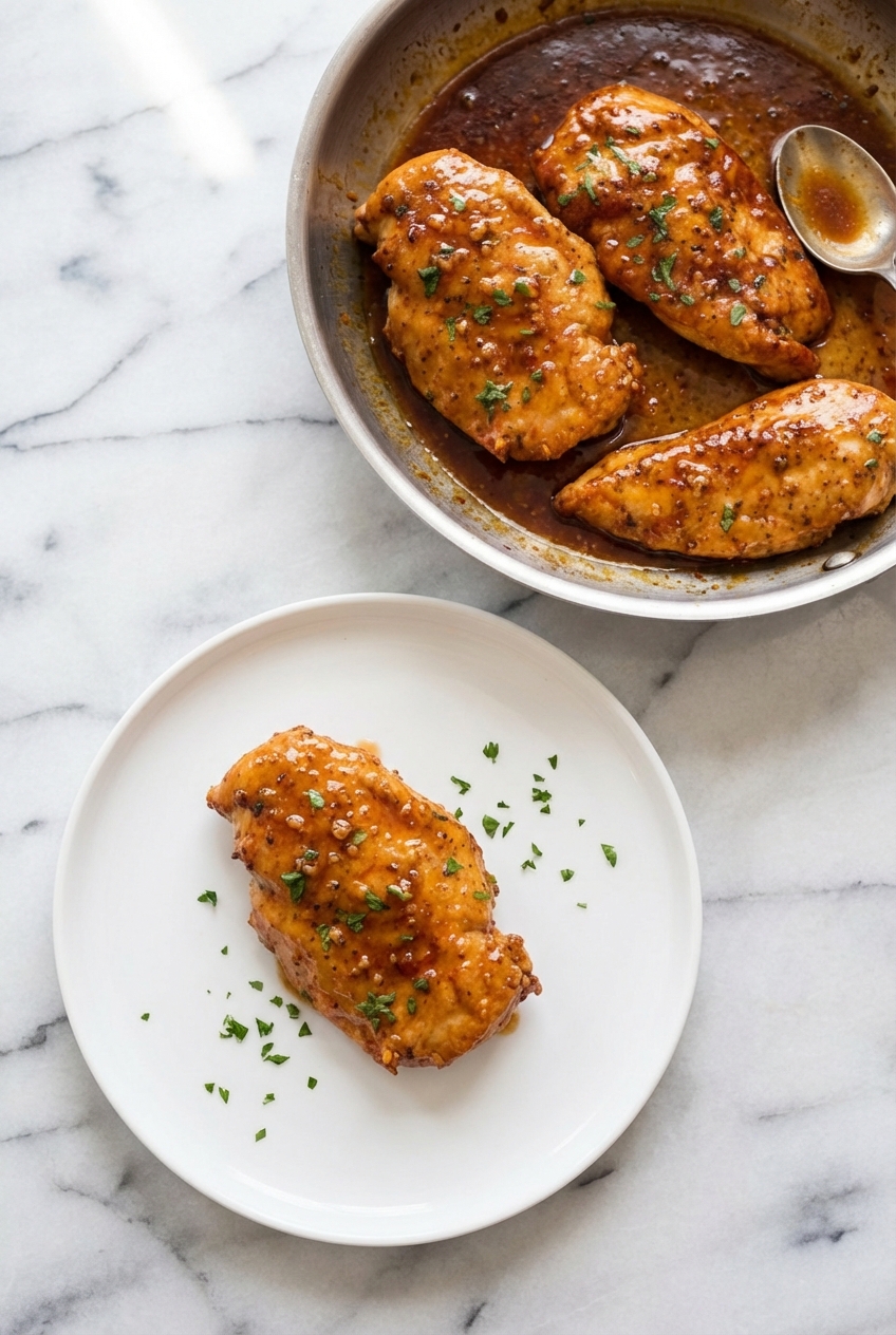 Lifestyle shot of honey garlic chicken served in a minimalist bowl on a contemporary countertop with soft natural shadows.