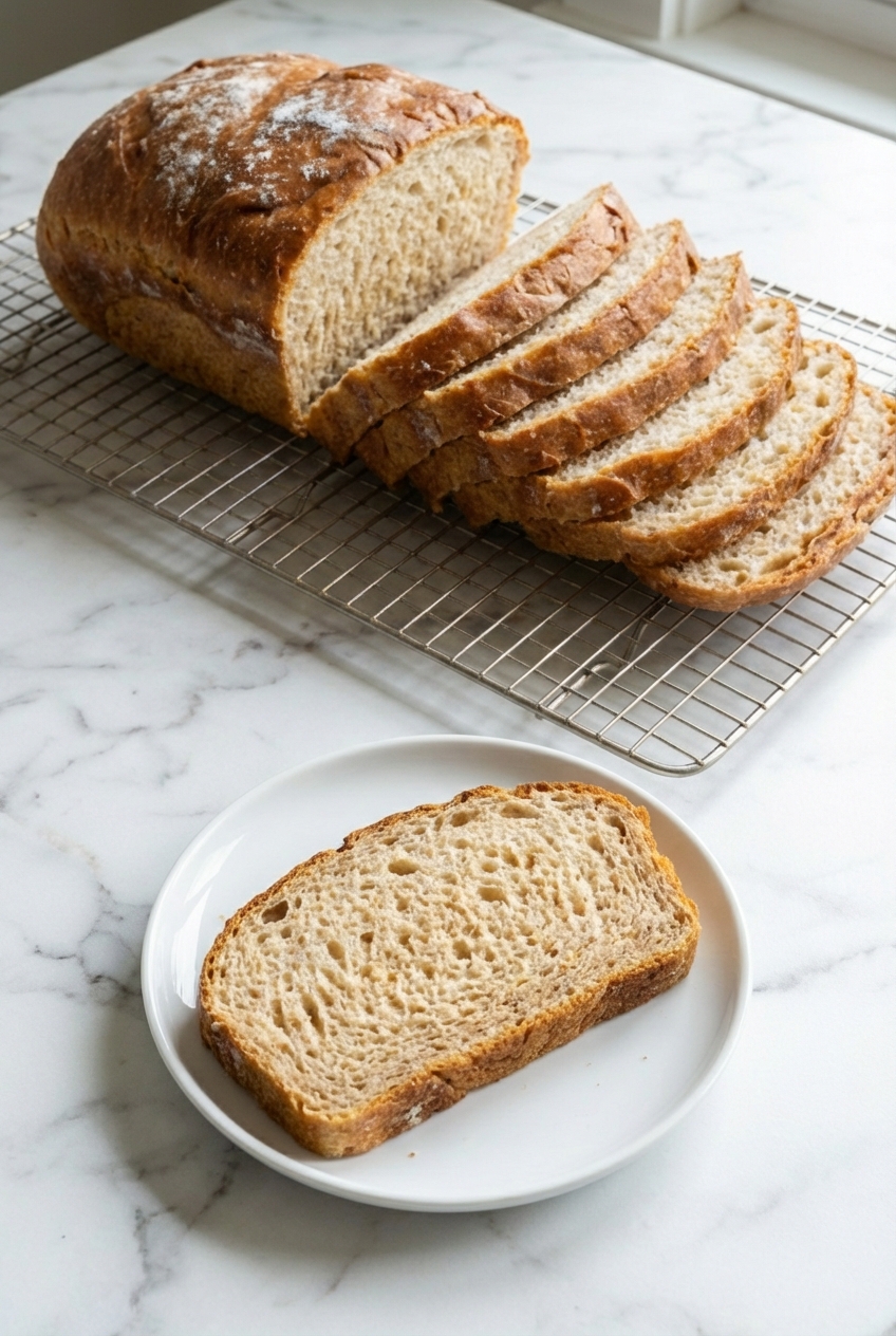 Sliced honey whole wheat bread arranged on a white marble surface in soft, natural window lighting.