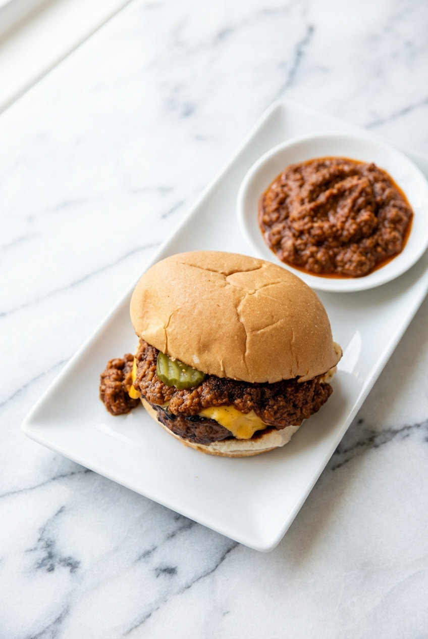 Generous serving of hot dog chili recipe over a grilled hot dog in a minimalist ceramic dish on a white marble surface.