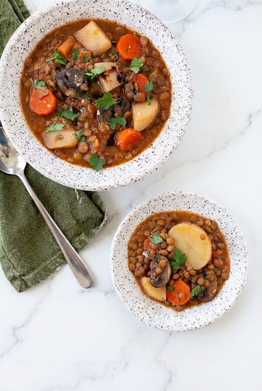 Irish vegetarian stew served in a minimalist ceramic vessel on a contemporary white marble surface.