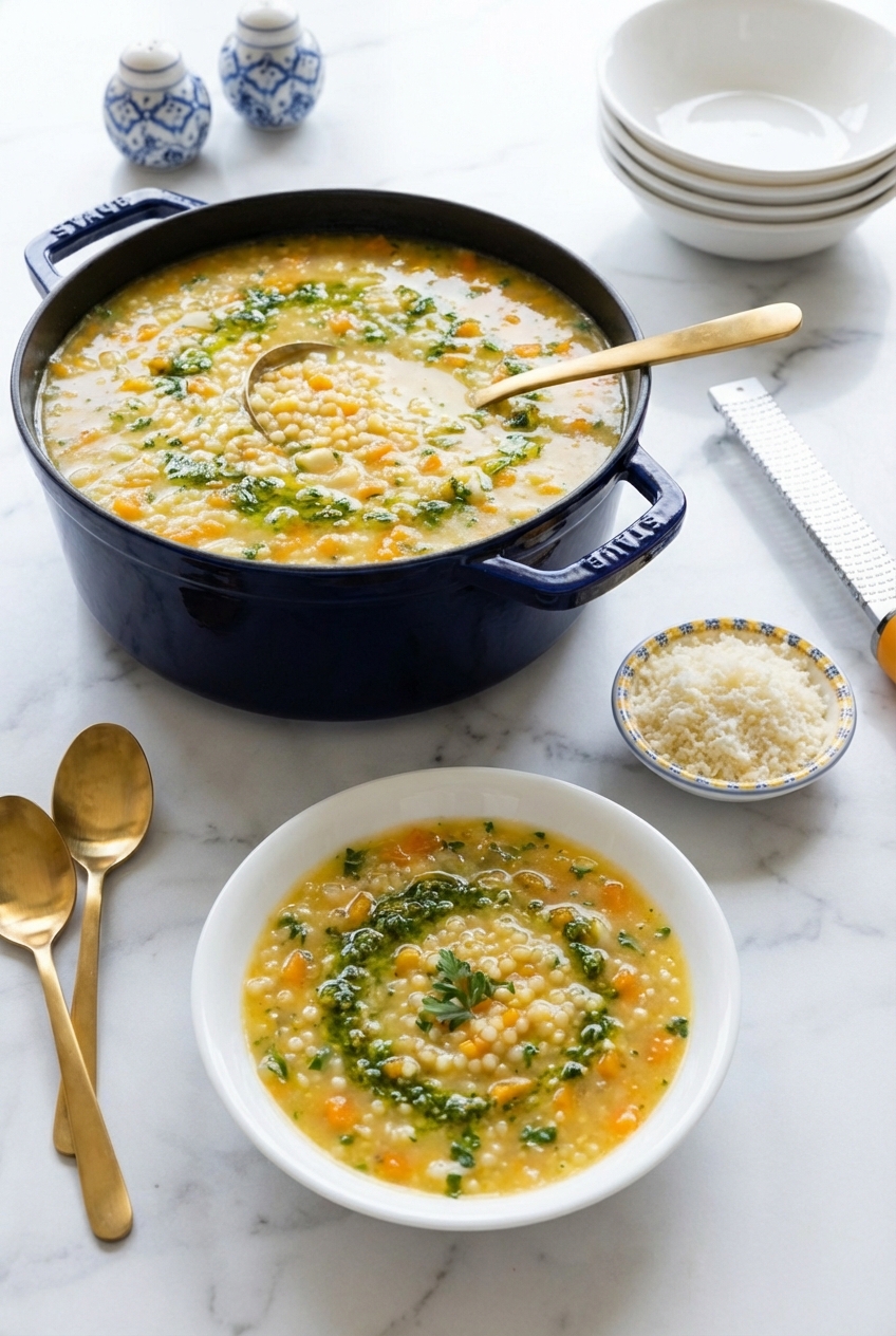 Lifestyle shot of italian pastina soup served in a white ceramic bowl on a marble tabletop with natural window lighting.