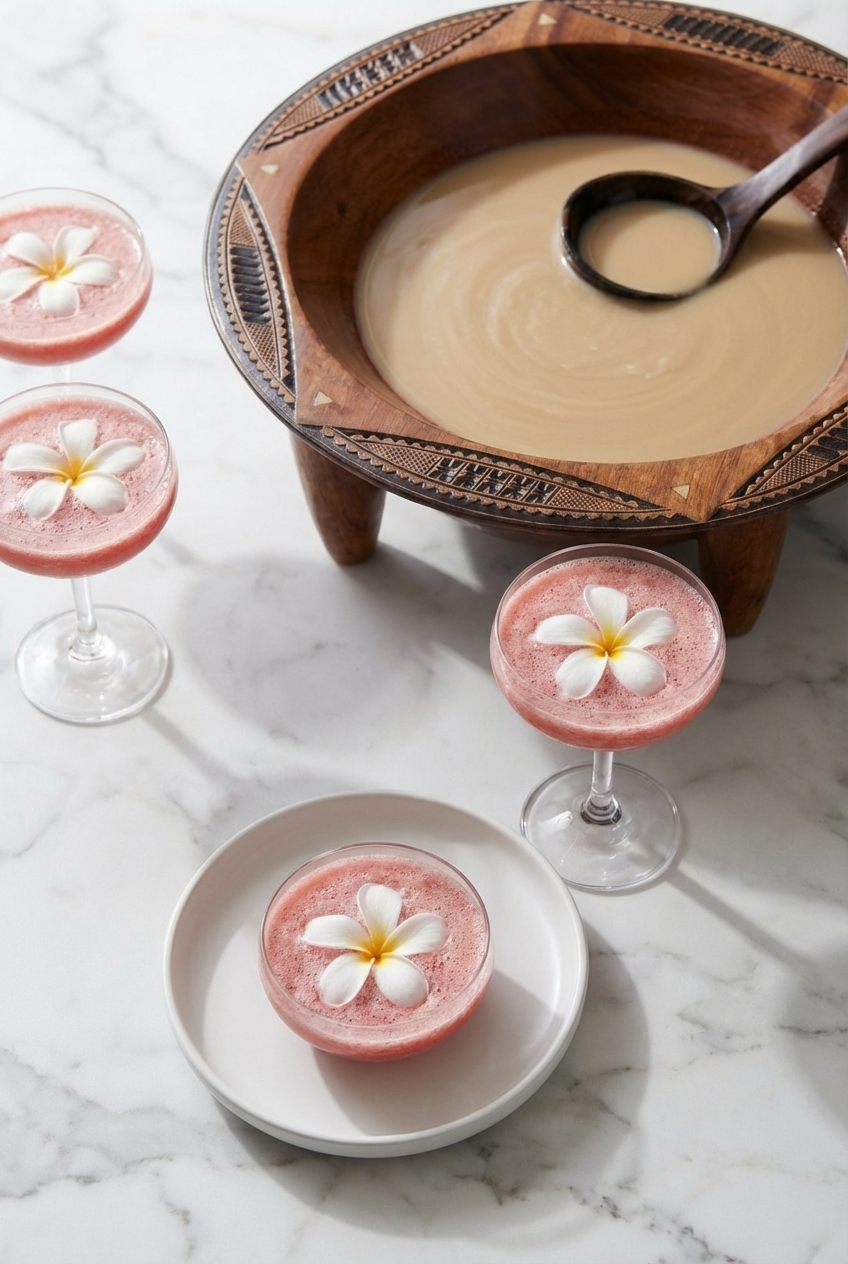 Kava drink served in a traditional bilo shell resting on a minimalist surface with natural window lighting and soft shadows.