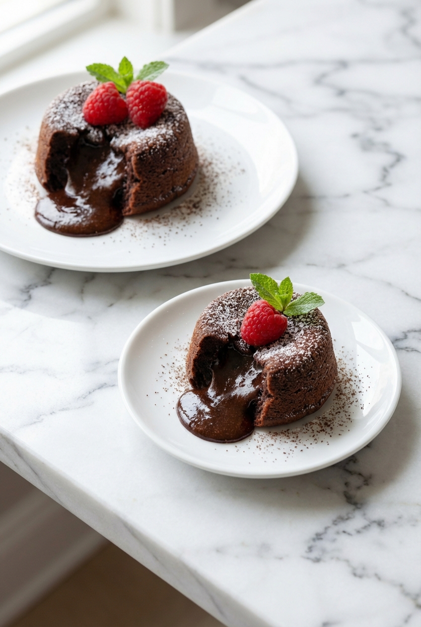 Air Fryer Lava Cake Recipe served on a minimalist ceramic plate with soft shadows on a white marble surface.