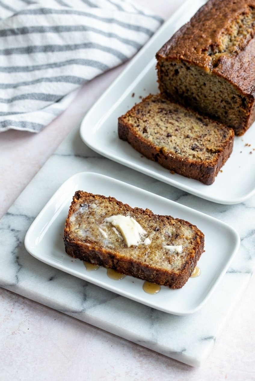 Slices of Moist Banana Bread served in a minimalist ceramic vessel on a contemporary countertop with soft shadows.