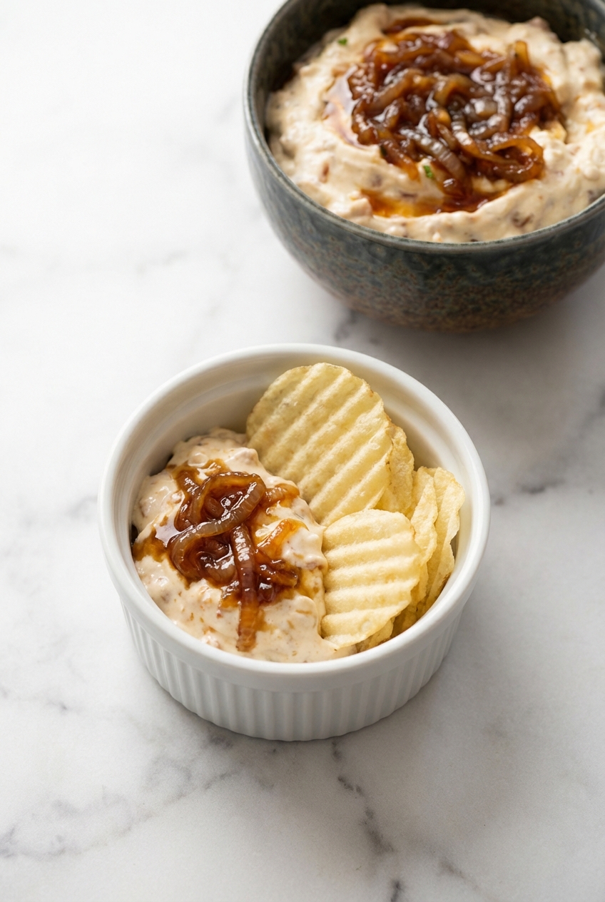 Onion dip garnished with fresh chives and served with crinkle-cut potato chips in a minimalist ceramic vessel.