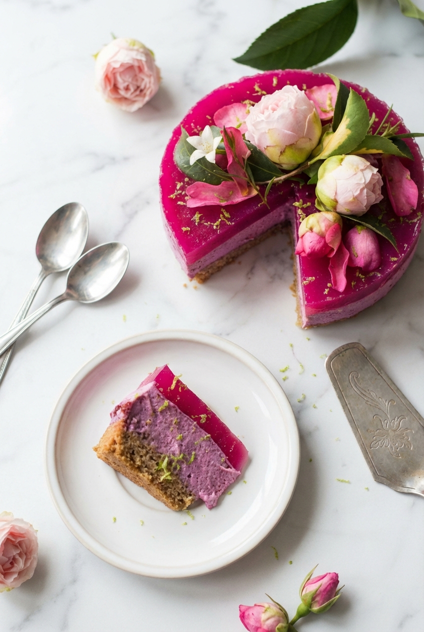 A slice of Pink Dragon Fruit Layer Cake served in a minimalist ceramic vessel with soft natural shadows.