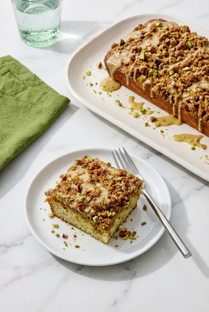 Slices of Pistachio Coffee Cake on a contemporary countertop with soft natural window lighting and a light dusting of confectioners' sugar.